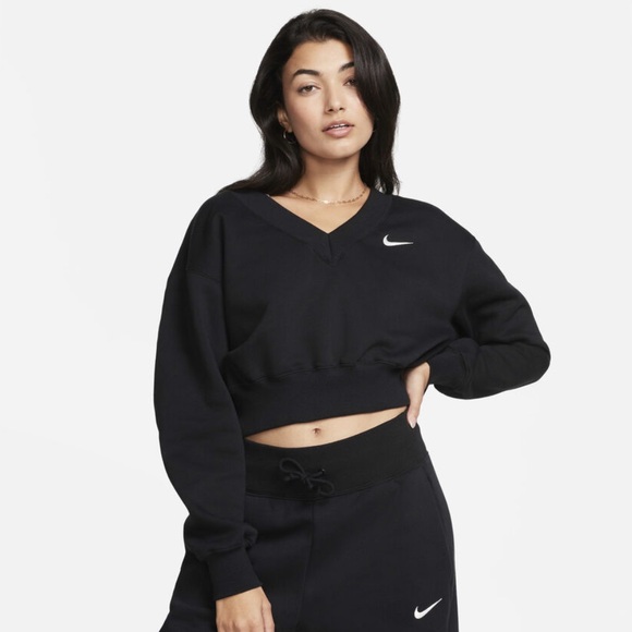 Nike Tops - Nike Phoenix Fleece Cropped V Neck Sweatshirt Black Small Women